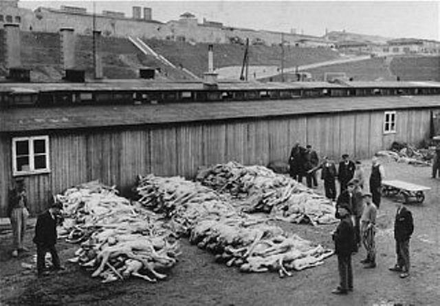 The corpses are piled at Mauthausen